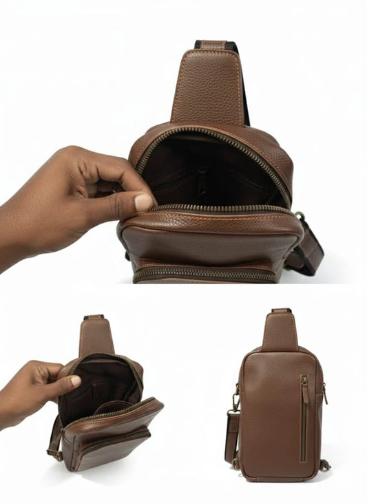 Brown Full-Grain Leather Sling Crossbody Bag