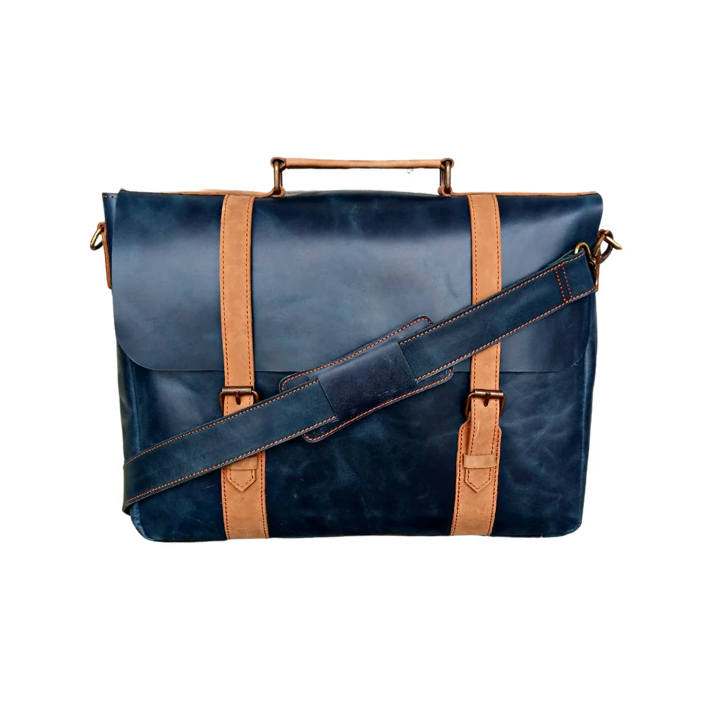 Navy Classic Leather Laptop Bag 14" & 15"| Blue & Tan Cow Leather