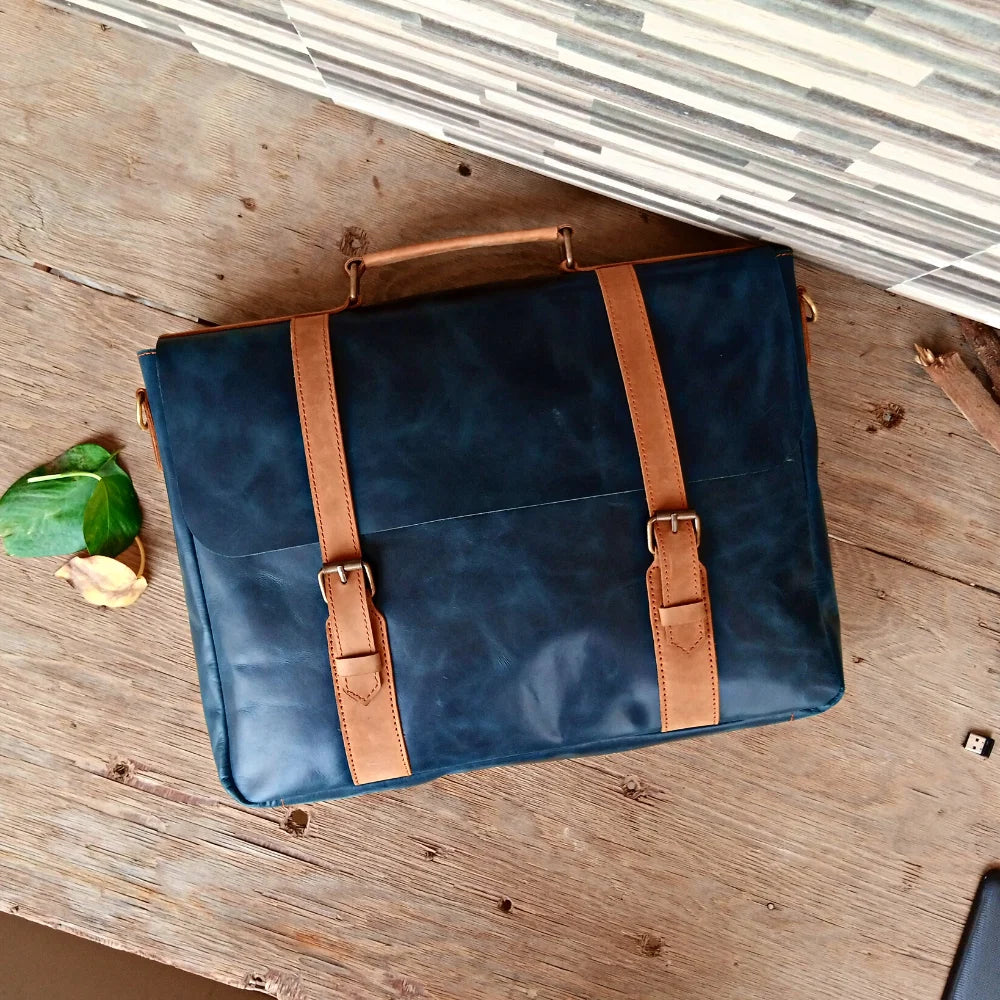 Navy Classic Leather Laptop Bag 14" & 15"| Blue & Tan Cow Leather