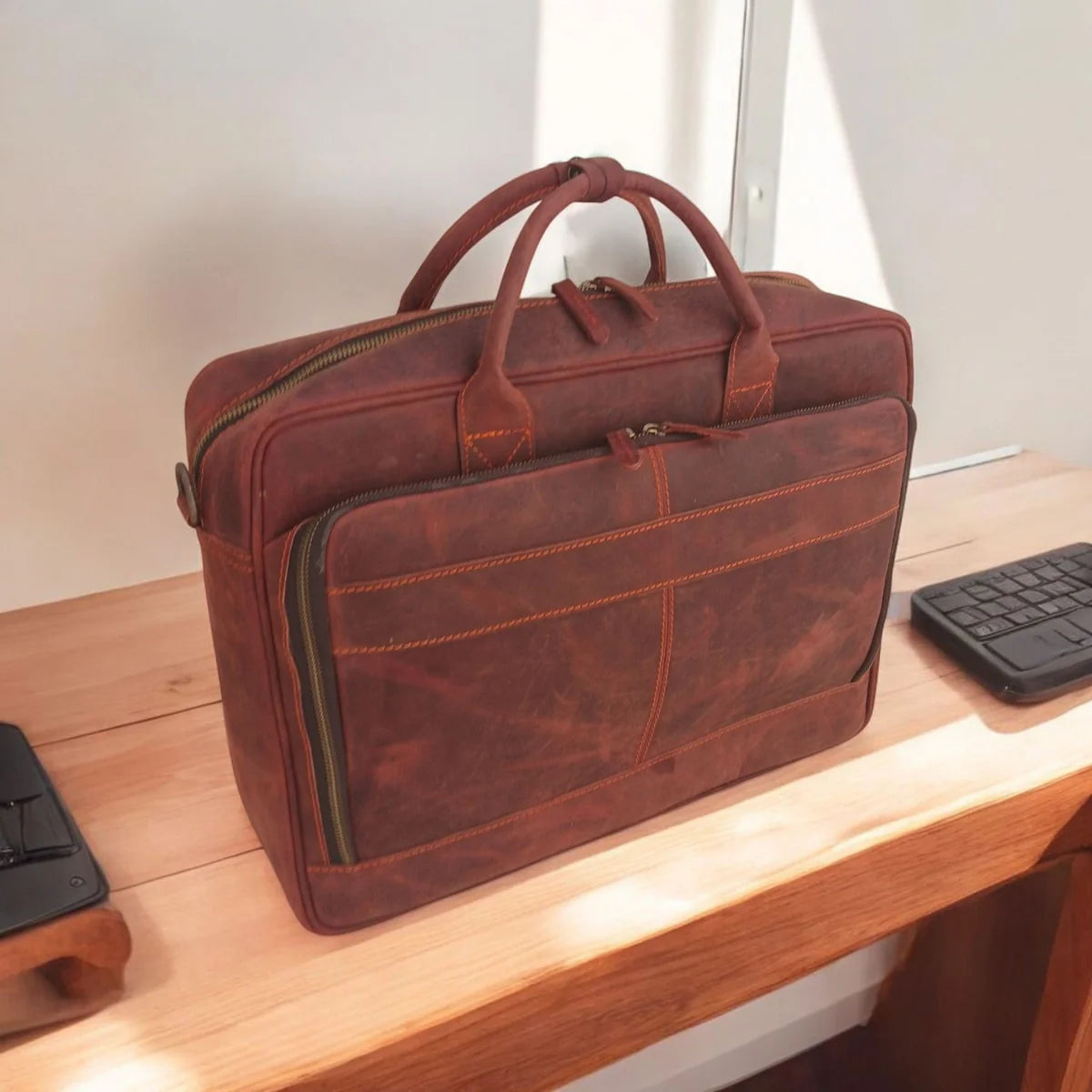 15.6 / 16 Inch Reddish Brown Leather Business Laptop Bag Premium Cow Leather