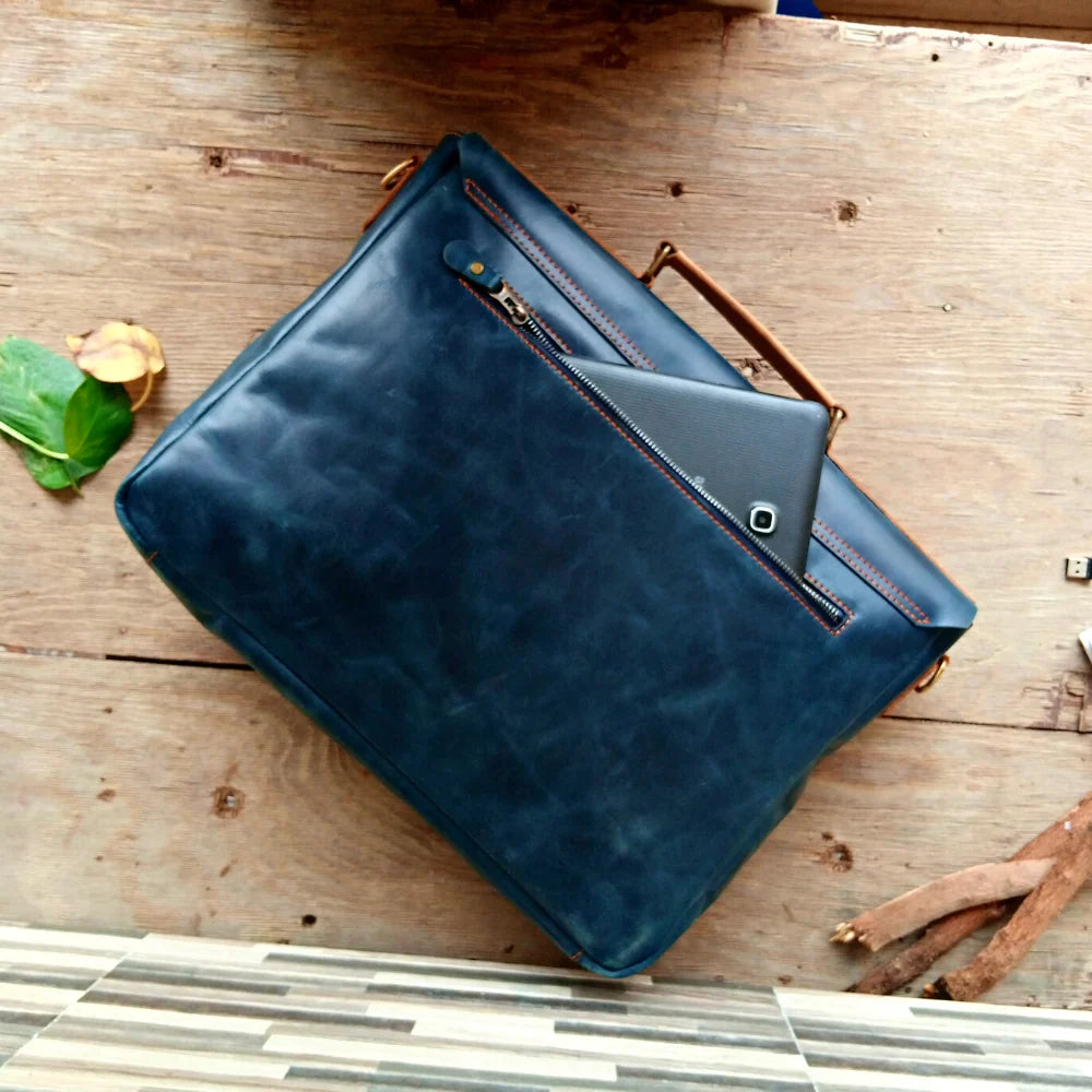 Navy Classic Leather Laptop Bag 14" & 15"| Blue & Tan Cow Leather