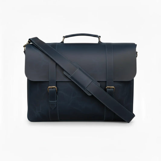 Navy Leather Messenger Bag 14 "15" & 16" Laptop Bag Matt Oil Pull-Up Cow Leather