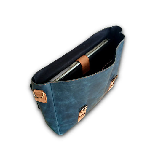 Navy Classic Leather Laptop Bag 14" & 15"| Blue & Tan Cow Leather