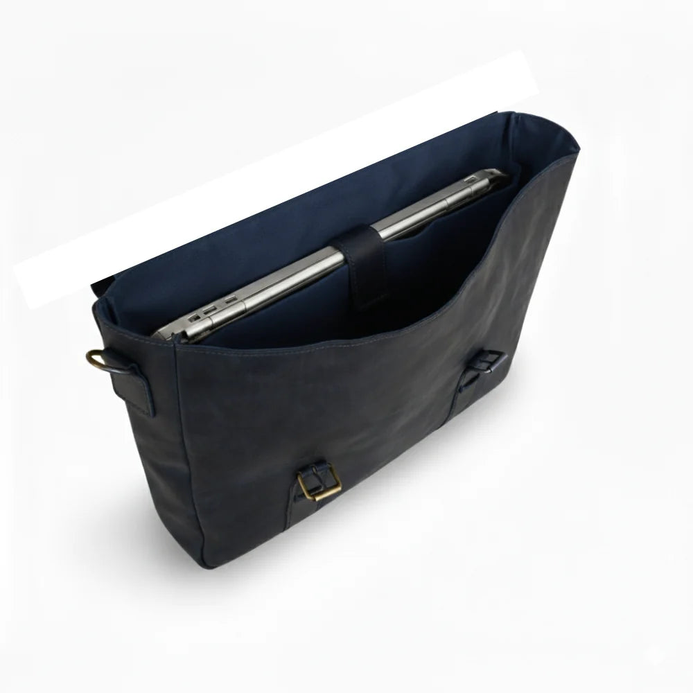 Navy Leather Messenger Bag 14 "15" & 16" Laptop Bag Matt Oil Pull-Up Cow Leather