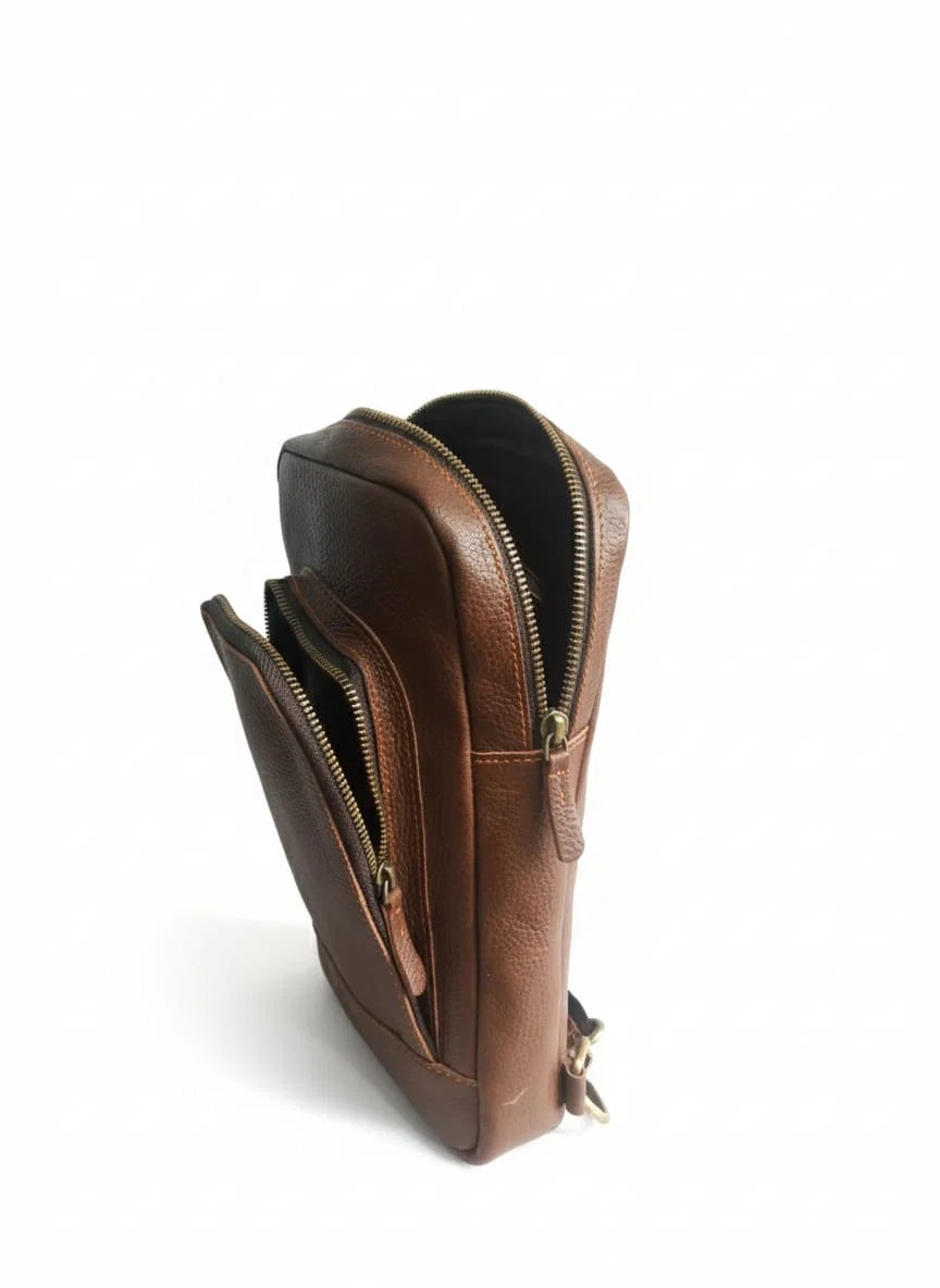 Brown Full-Grain Leather Sling Crossbody Bag