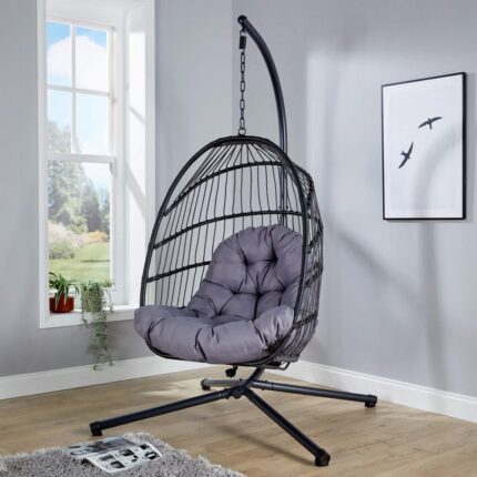 Breeze Grey Rattan Hanging Egg Chair for indoor Outdoor